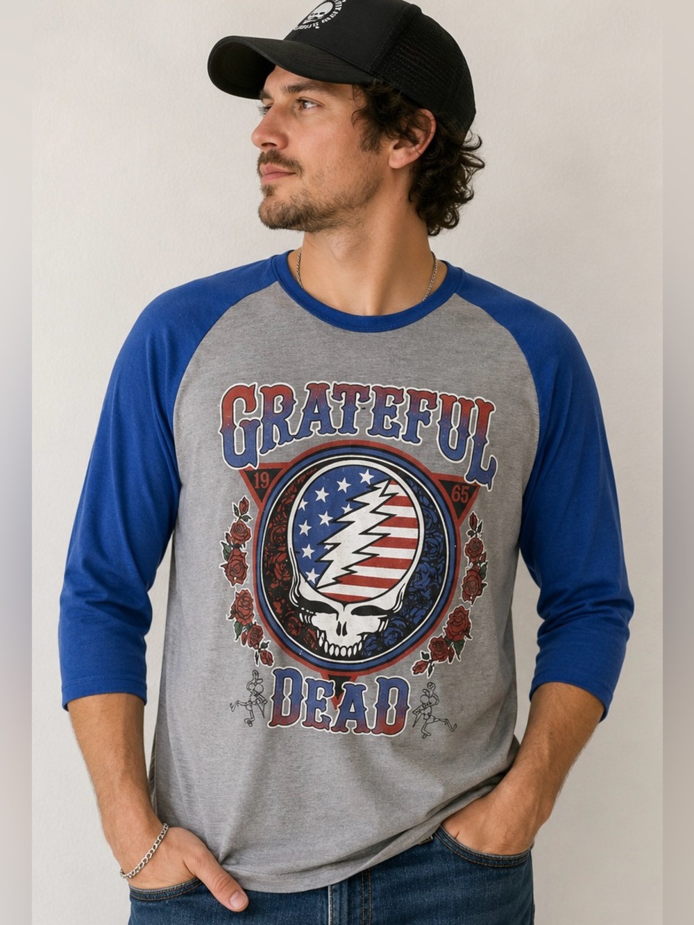 Grateful Dead Steal Your Face Skull Graphic Raglan Tee Men’s L 3/4 Sleeve